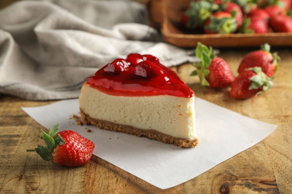 Felie de cheesecake cu capsuni fara coacere pe hartie de copt