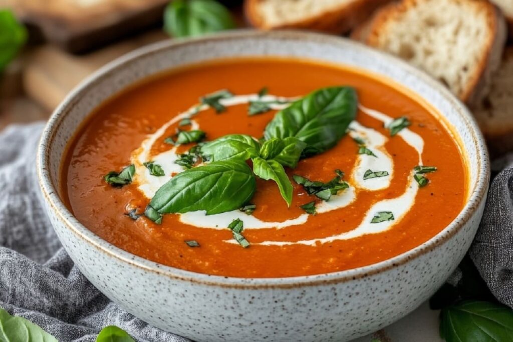 Supa crema de ardei copti cu smantana in bol cu frunze de busuioc