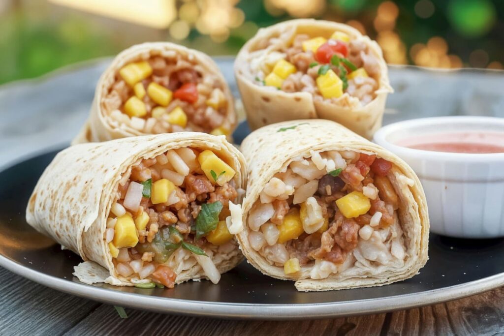 burrito vegetarian cu orez si porumb pe farfurie